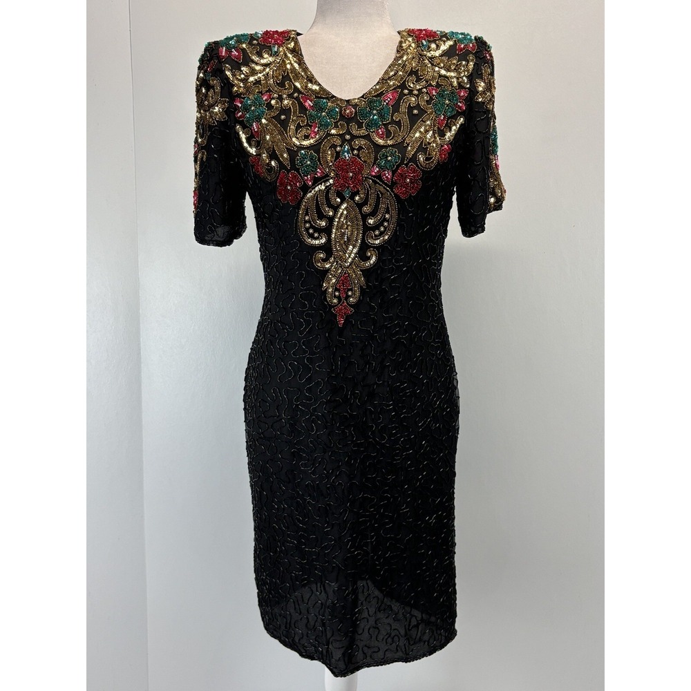 Vtg Scala Beaded Dress Sz Small 100% Silk Short Sleeve Sequins Cocktail Party